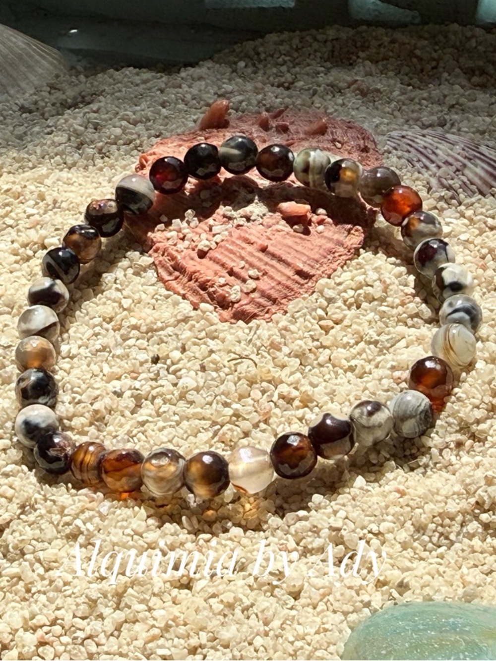 Alquimia Brown and Cream Agate Bead Stretch Bracelet